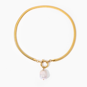 18K gold-plated stainless steel snake chain necklace with baroque freshwater pearl pendant