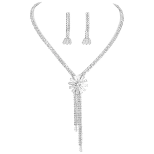 Elegant silver flower rhinestone fringe necklace and earring set with shimmering zircon