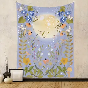 Moon Phase Floral Tapestry Wall Hanging Butterfly Stars Dreamy Aesthetic Polyester Art Decor For Bedroom Living Room