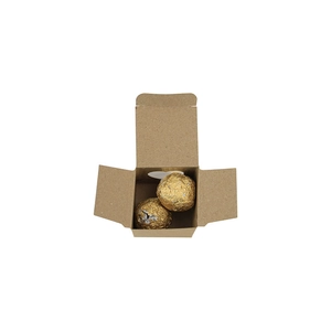 European kraft paper gift box with heart window containing two gold foil chocolates