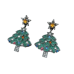 Sparkling Christmas tree earrings with green crystals and silver needles for festive fashion