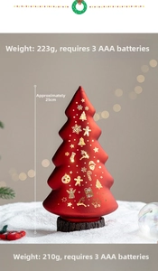 Detail of red frosted Christmas tree lamp with wood base showing dimensions and weight