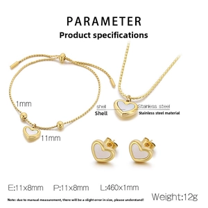 Detailed set of gold titanium steel heart jewelry featuring white shell inlay design