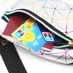 Holographic geometric outdoor waist bag with multi-layer storage and reflective surface