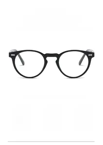 Detail of round frame sunglasses showing silver metal studs and retro design features