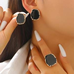 Vintage irregular gold-plated black drip oil ring and earrings set for women