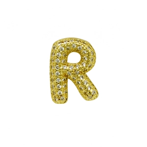 Macro shot of 3D balloon letter R pendant in gold with white micro-pave crystals