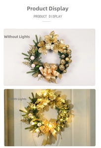 Detailed view of gold Christmas wreath with silk bows and LED lighting options