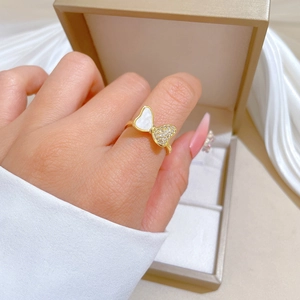 Schmetterling Schleife Ring Messing Vergoldet Muschel Zirkonia Verstellbar Elegant Schmuck Für Damen