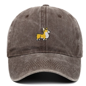 Detail shot of embroidered Corgi dog on washed cotton vintage style baseball cap