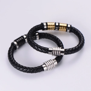 Men's punk rock woven black leather bracelet set with gold silver and black metal beads
