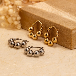 Stainless Steel Beaded Hoop Earrings Geometric Graduated Ball Minimalist Trendy Chic Fashion Jewelry For Women