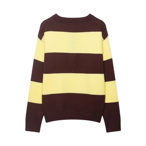 Klassischer, legerer, horizontal gestreifter Strickpullover in Braun und Gelb mit Rundhals