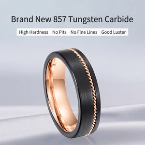 Minimalist tungsten steel ring with black brushed finish and rose gold rope inlay
