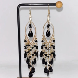 Bohemian vintage long tassel earrings with black teardrop beads and gold chains