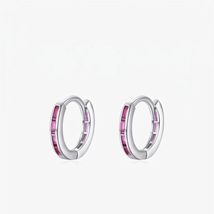 925 Sterling Silver Hoop Earrings Pink Baguette Zircon Inlaid Minimalist Jewelry For Women