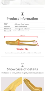 Detail view of yellow silicone food tongs measuring 245mm with size and weight specs