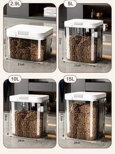Size comparison of four pet food storage containers in 2.9L, 5L, 10L, and 15L volumes