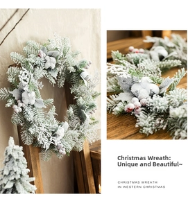 Detailed close-up of Christmas wreath with frosted pine needles and red berries decor