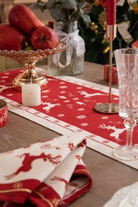 Close-up of jacquard table runner with Christmas deer motifs and woven fabric texture