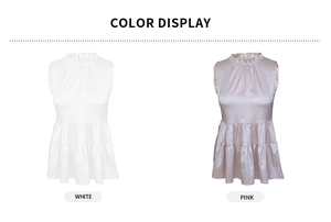 Detail view of sleeveless ruffled collar blouse in white and pink textured fabric