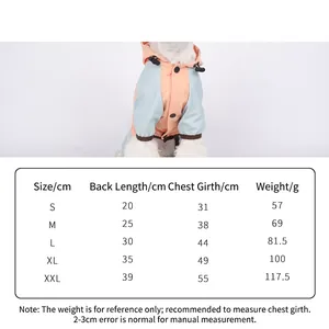 Waterproof dog raincoat size chart with back and chest measurements for small pets