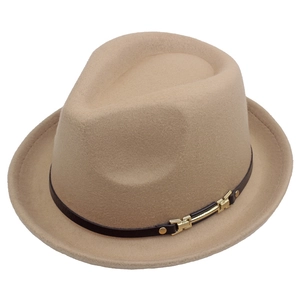 Detail of khaki wool jazz hat with a brown leather band and gold metal buckle trim