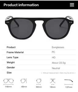 Detailed size specifications chart for retro trend sunglasses with lens and frame dimensions
