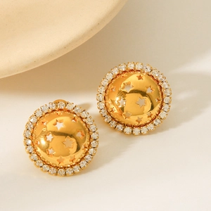 18K gold stainless steel stud earrings with hollow star design and crystal halo