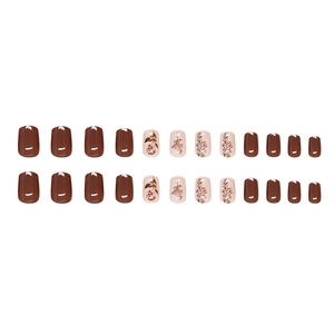 Short square press-on nails with terracotta red and floral patterns, 24 piece set