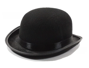 Detailed view of the classic black felt bowler hat with a smooth silk ribbon and fine trim