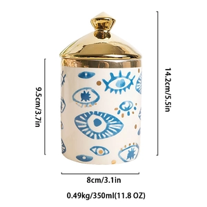 Detailed view of ceramic eye jar dimensions, showing 14.2cm height and 350ml capacity