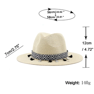 Chapeau Fedora en paille avec bande géométrique et gland pour protection solaire d'été