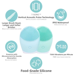 Detail of soft silicone facial cleanser showing T-Sonic vibration and IPX5 waterproof icons