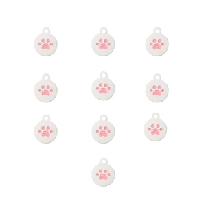 Set of 10 white round alloy charms featuring cute pink paw prints for DIY jewelry