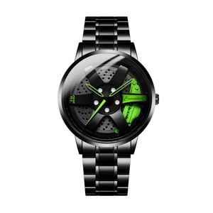 Men's black metal wheel hub watch featuring green brake calipers and sporty dial