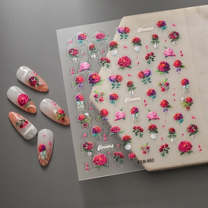 5D embossed red rose floral nail stickers with FEB-852 relief design and flower patterns