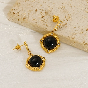 Boucles d'oreilles vintage françaises en or 18k avec obsidienne noire et cristaux