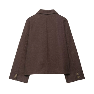 Back view of a deep brown wool jacket featuring a lapel collar and double-button cuffs