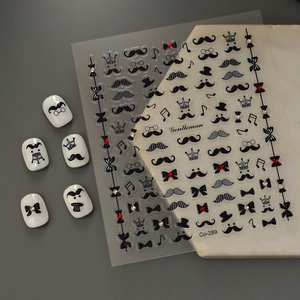 Detailed 5D nail art stickers featuring black gentleman mustache, bow ties, and rhinestones