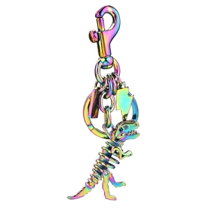 Rainbow dinosaur skeleton metal keychain with lightning charm and lobster clasp