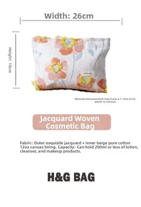 Detail view of jacquard floral makeup bag showing 26cm x 18cm dimensions and canvas lining