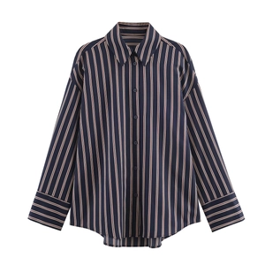Women Vertical Striped Long Sleeve Shirt Polyester Button Down Lapel Casual Office Blouse Irregular Hem Navy Blue Fashion
