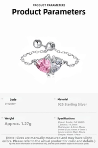 Detail view of S925 silver ring with 5A pink heart cubic zirconia and specifications