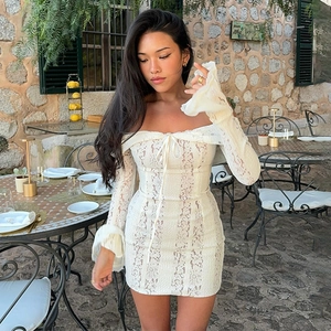 Sexy Lace Off-Shoulder Ruched Mini Dress With Long Flare Sleeves Elegant Bodycon Party Outfits For Women