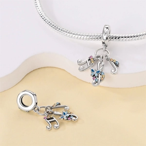 Silver musical note charm with colorful zircons on snake chain for DIY jewelry