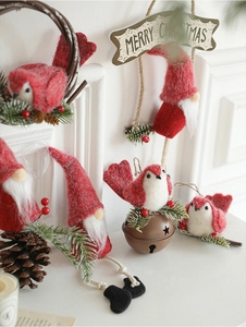 Red felt cardinal bird and gnome ornaments with pine cones for Christmas decor