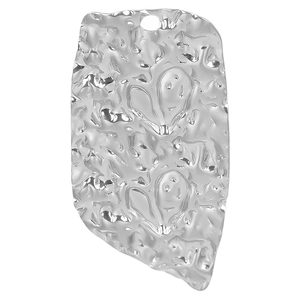 Detail of irregular silver stainless steel pendant with textured hammered finish and heart motifs
