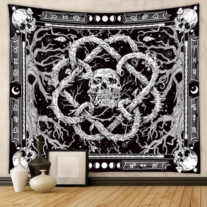 Gothic Skull Tapestry Black And White Polyester Wall Hanging Room Decor With Zodiac Moon Phase Pattern Art