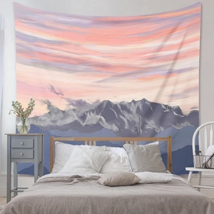 Detail of bohemian mountain landscape tapestry in purple oil painting style on bedroom wall